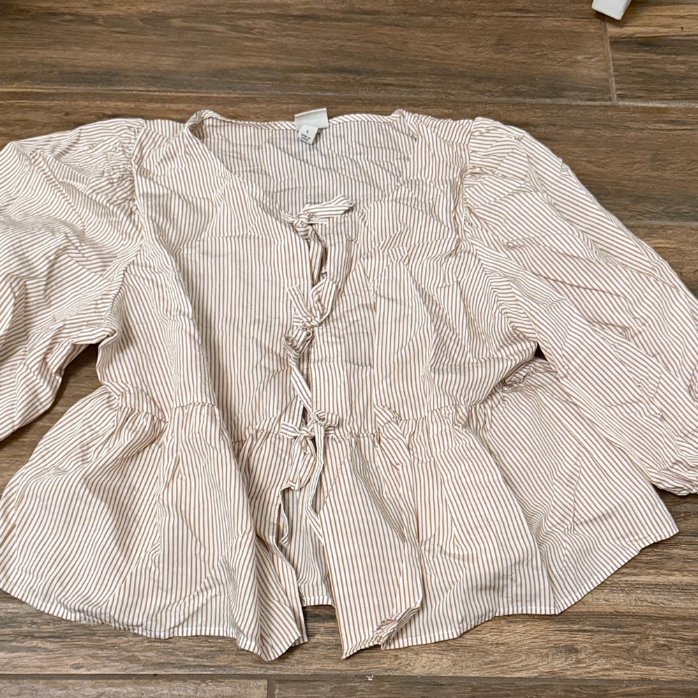 Tan Striped Tie-Front Blouse
